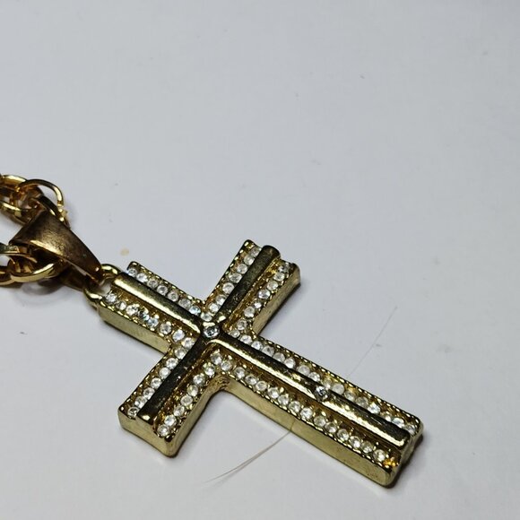 Jewelry - Gold Tone Cross Necklace 24" Chain Clear Crystals Lobster Clasp Faith Jewelry